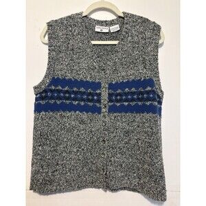 Kathy Ireland Women Sweater Vest Gray White Blended with Fair Isle Stripe Size L